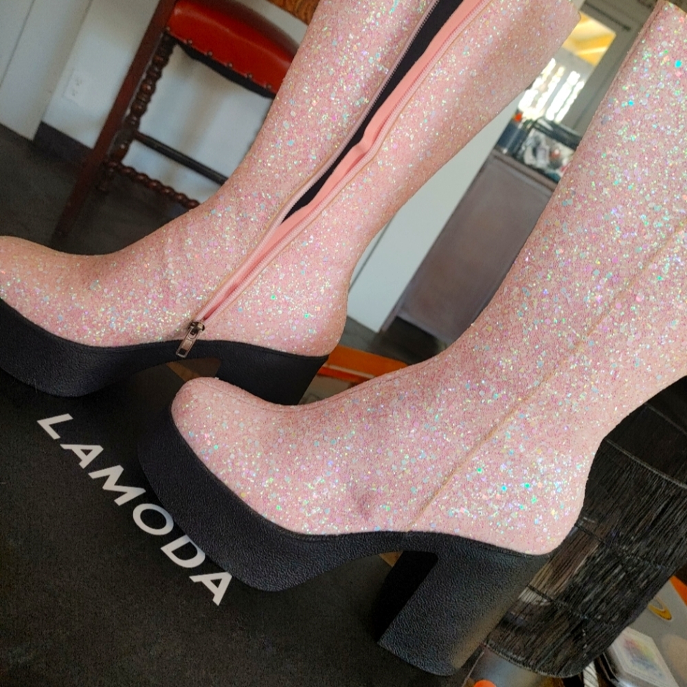 Lamoda pink sparkly chunky platform gogo boots dollskill